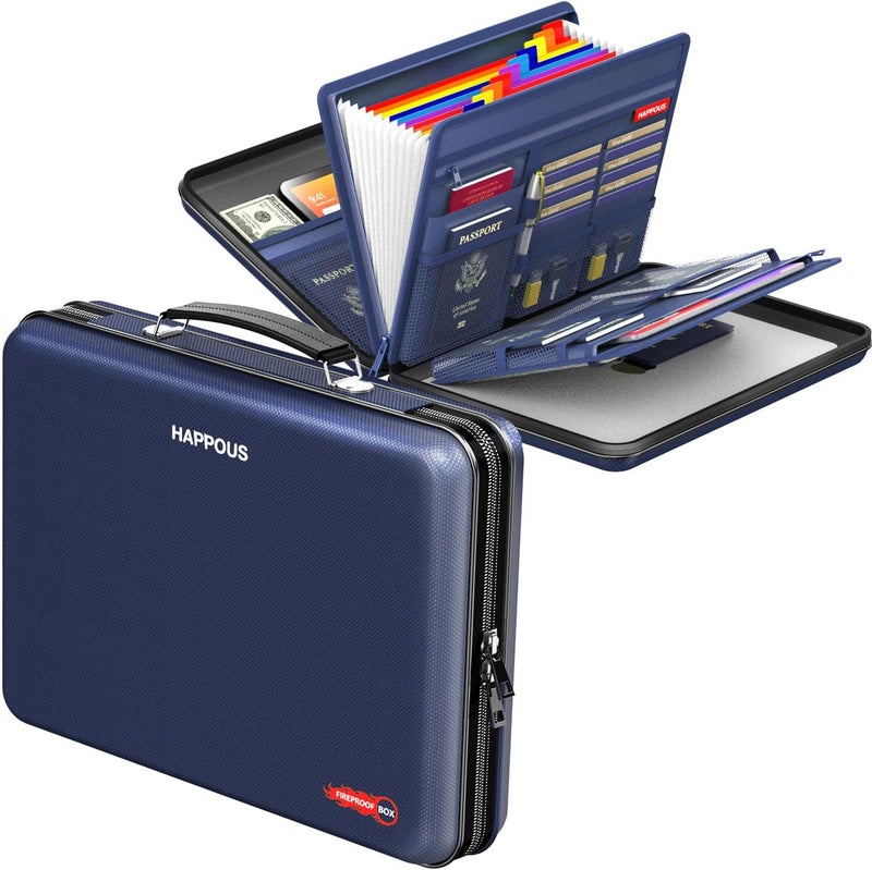 HAPPOUS Fireproof File Organizer, Expanding File Folder with 13 Pockets, Portable Fireproof Document Box Hard-Shell Document Organizer Storage for Documents Laptop Passports Cards Blue - Image 1